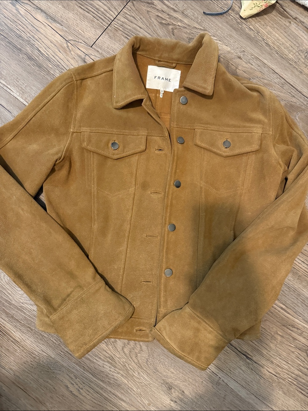 FRAME Suede Button-Up Jacket in Camel